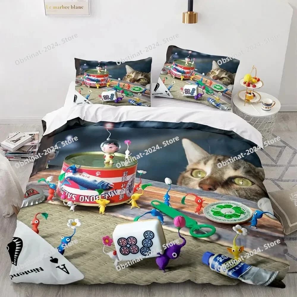 Gamer P-Pikmin Set di biancheria da letto Personaggi P-Pikmin Copripiumino Simpatico cartone animato Copripiumino Cuscino Set da 3 pezzi Bambini Taglia adulto