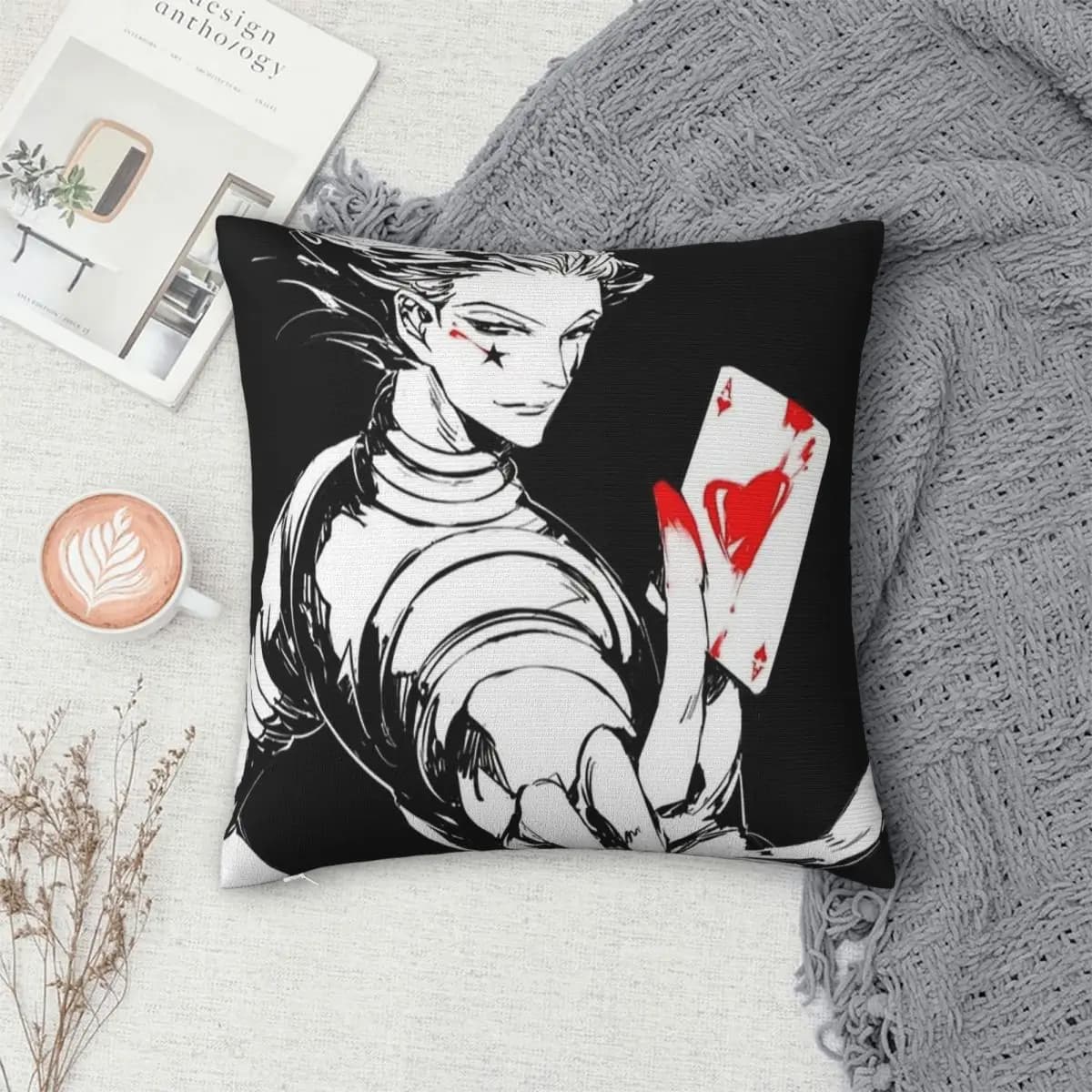 Fodera per cuscino quadrata Hunter X Hunter Hisoka Holding Heart Card Anime, decorazione per cuscino, cuscino confortevole per divano di casa