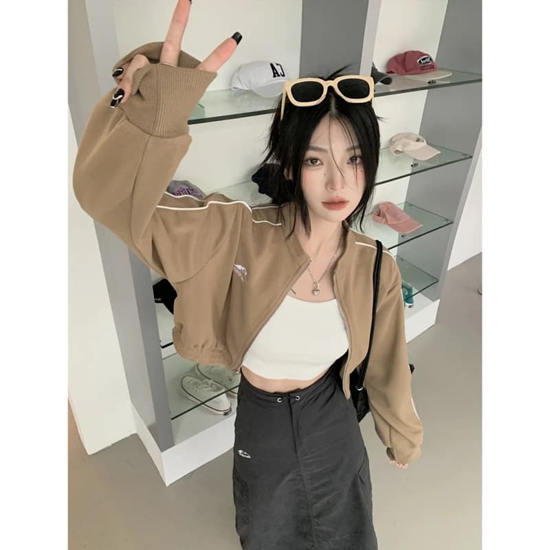 Sweet Cool Style Short Sporty Long Sleeve Sweatshirt Jacket Women's Autumn Small Hot Girl Jacket Open Cardigan Top