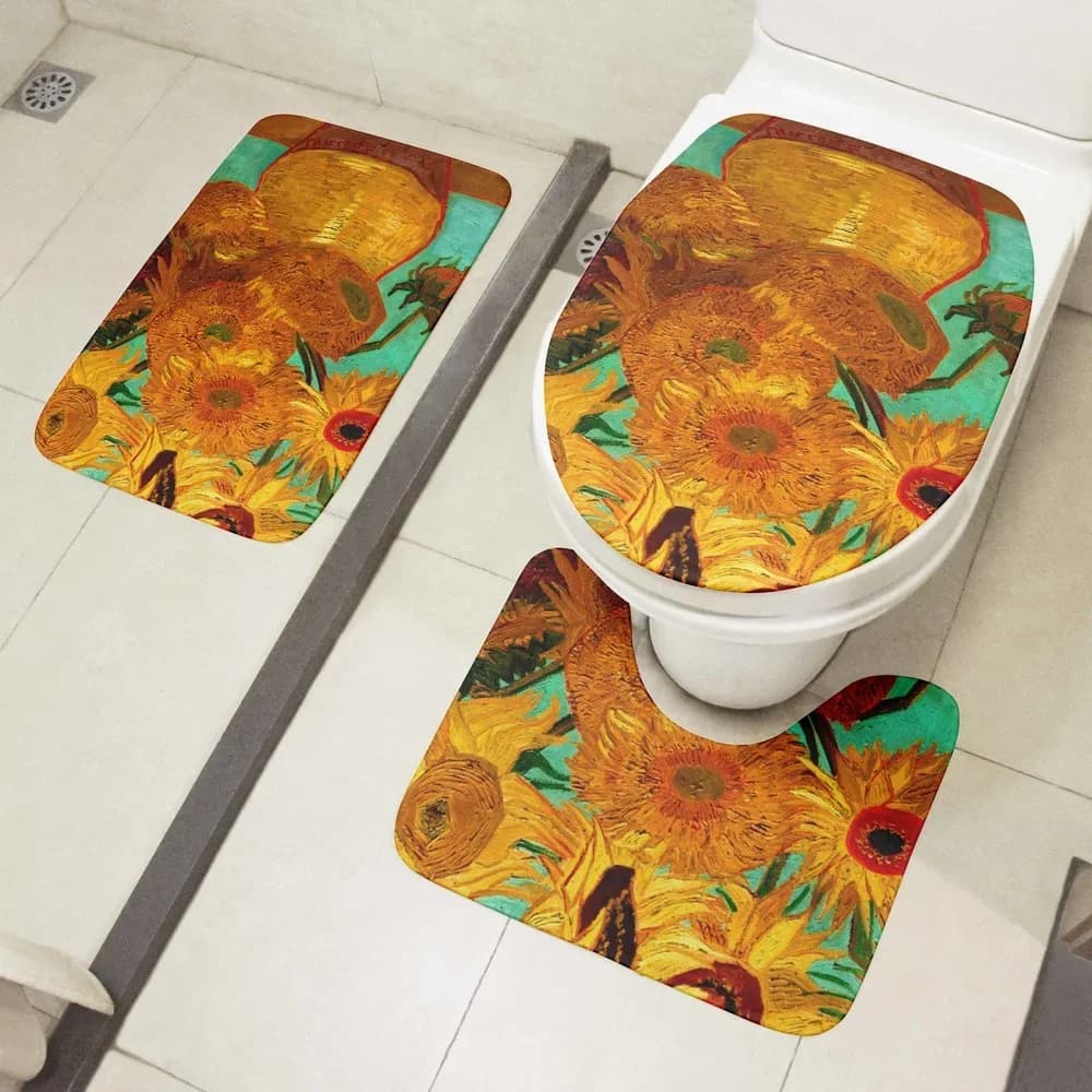 CLOOCL Set tappetino per WC Van Gogh Pittura a olio Girasole Notte stellata Tappeti per bagno Doccia Tappeto Cuscino per WC Decorazioni per la casa