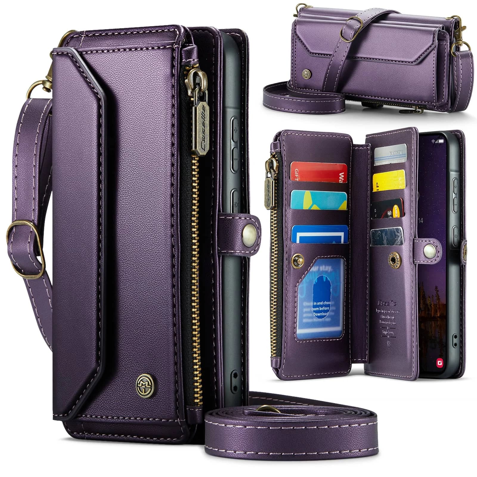 Custodia a Portafoglio a Tracolla per Samsung Galaxy A37 A57 con Blocco RFID, Chiusura Magnetica, 10 Scomparti per Carte, Tasca con Cerniera e Tracolla