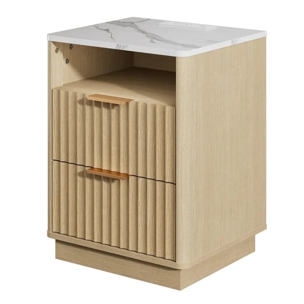 Comodino con 2 cassetti, comodino da 18 pollici con stazione di ricarica e piano in finto marmo, tavolino moderno con contenitore, comodino da letto
