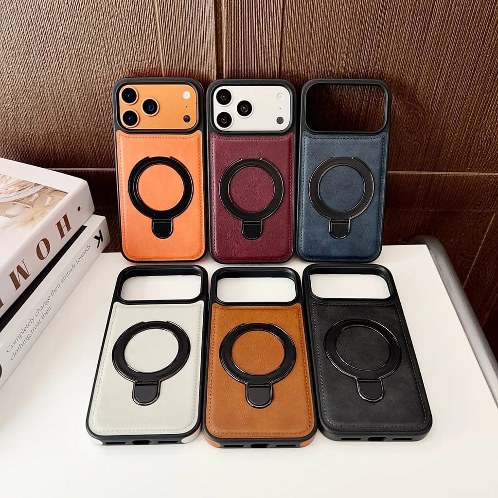 Custodia per telefono di lusso in similpelle con texture in pelle bovina, serie Business, con supporto magnetico per iPhone 17 16 15 14 13 Pro Max Plus