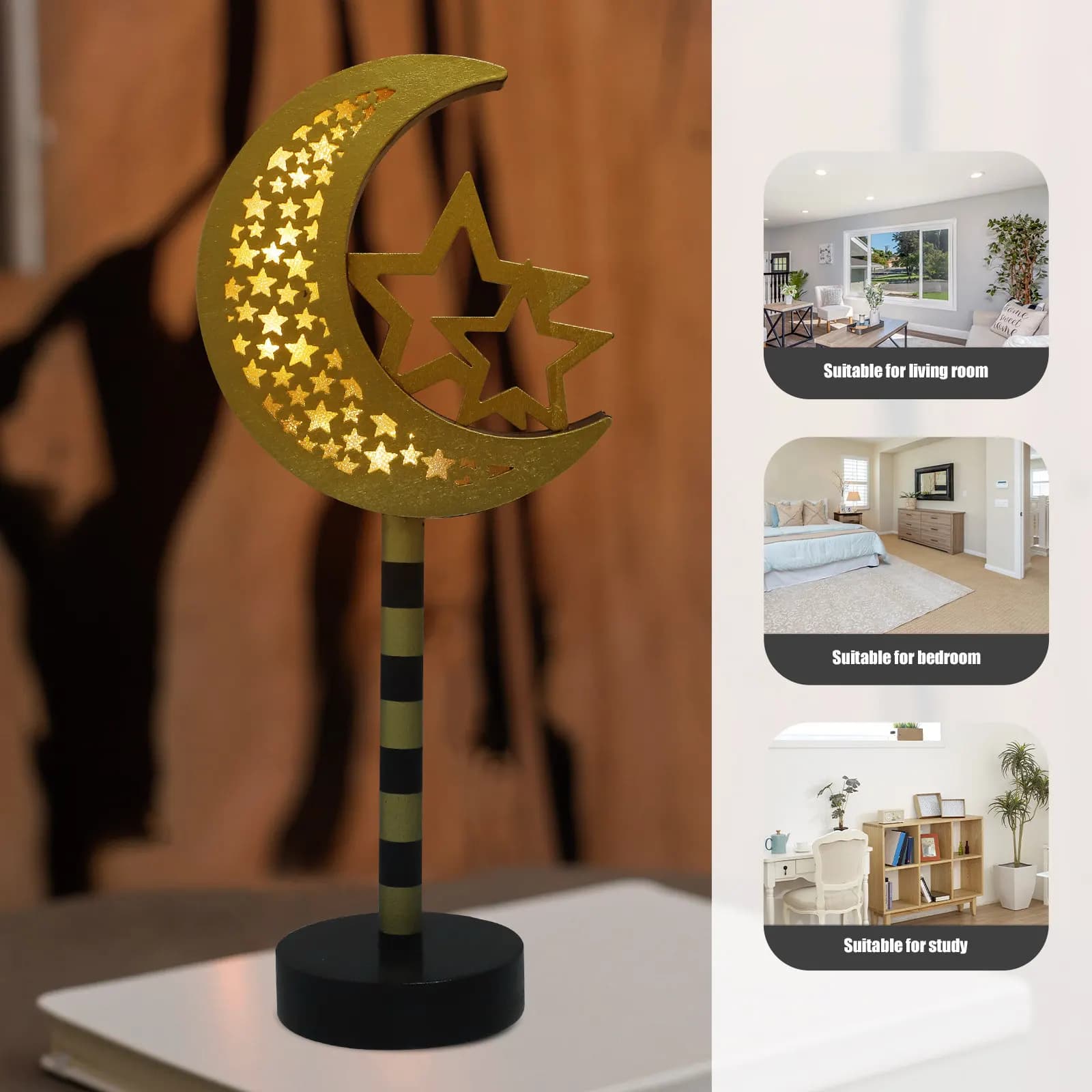 Ramadan LED Lamp Eid Mubarak Wooden Light Tabletop Ornament Decorative Night Light for Home Bedroom Living Room Cafe Bar
