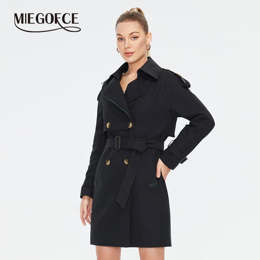 MIEGOFCE Women Lapel Collar Double Breasted Belted Midi Trench Coat Elegant Windproof Office Casual Outerwear Spring Autumn