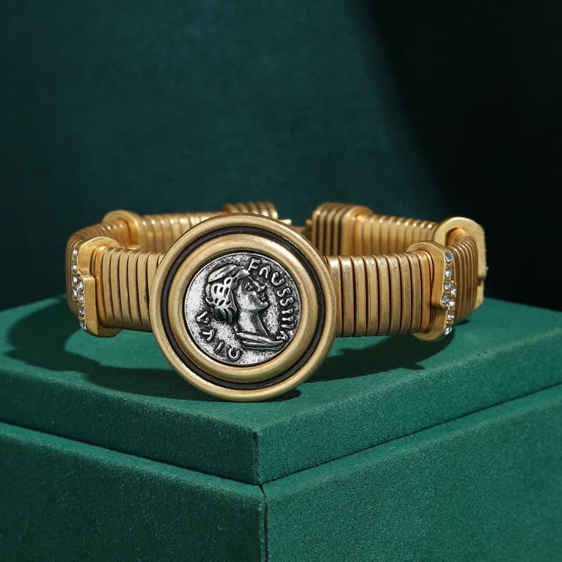 Antique Gold Plated Bangle Natural Stone Watch Strip Charm Bracelets Retro Vintage Ancient Coin Cameo Beauty Head Women 2026
