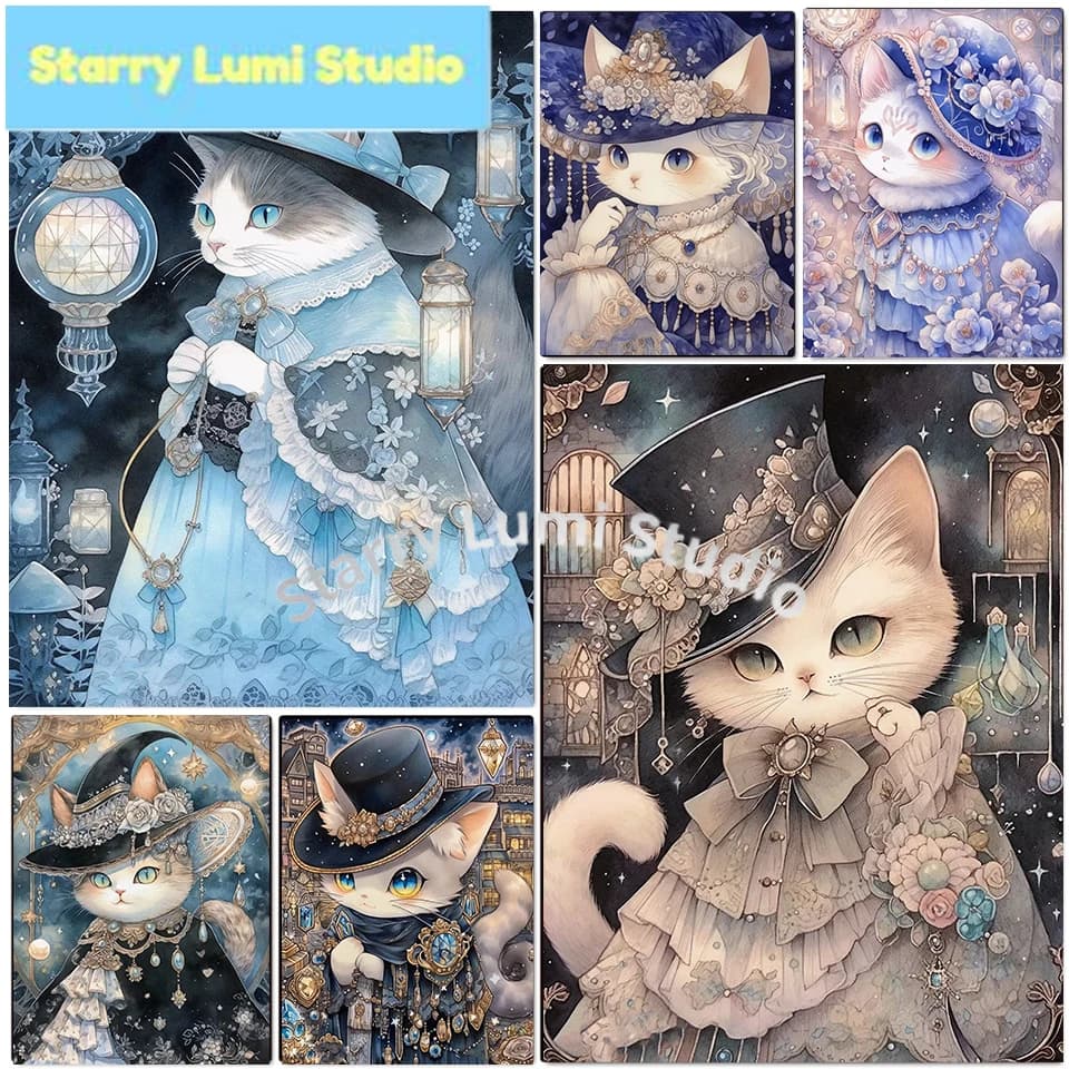 Kit Pittura Diamante 5D Fai da Te Gatto e Fiore, Ricamo a Punto Croce, Mosaico Artistico con Strass, Animali Cartoni Animati Carini, Copertura Completa