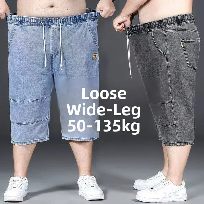 Summer Thin Elastic Men's Large Size Jeans Shorts Loose Straight Elastic Waist plus Size Fat People Seven Pants
