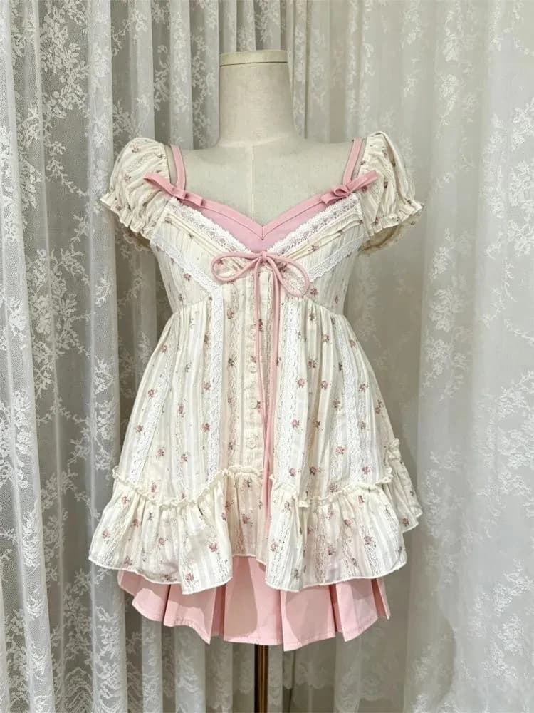 Summer 2026 Women's Sweet Floral Print Bubble Sleeve Shirt Pink Camisole Blouse with Pleated Skirt Two-Piece Set Fashion...