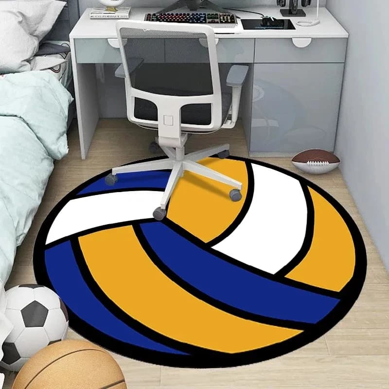 VIKAMA Round Volleyball Area Rug Classic Yellow Blue White Volleyball Pattern Soft Non Slip Boys Bedroom Gaming Chair Floor Mat