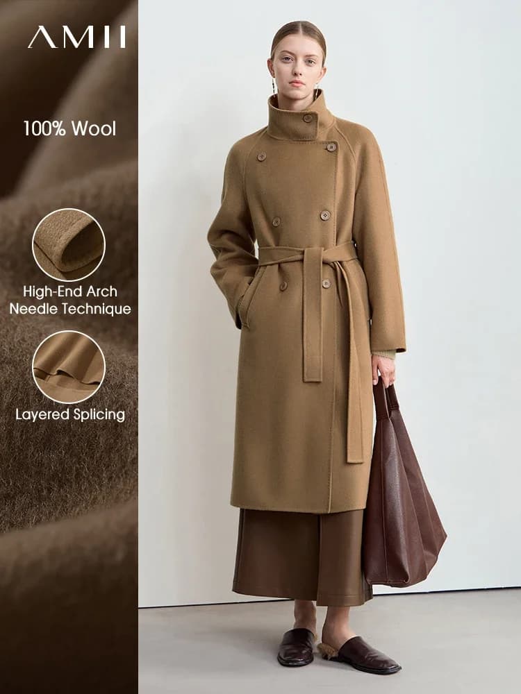 Cappotto da donna Amii 2025 Inverno Nuovo colletto allentato per pendolari con cintura Abiti di lana Donna Cappotto in tweed double face 12444220