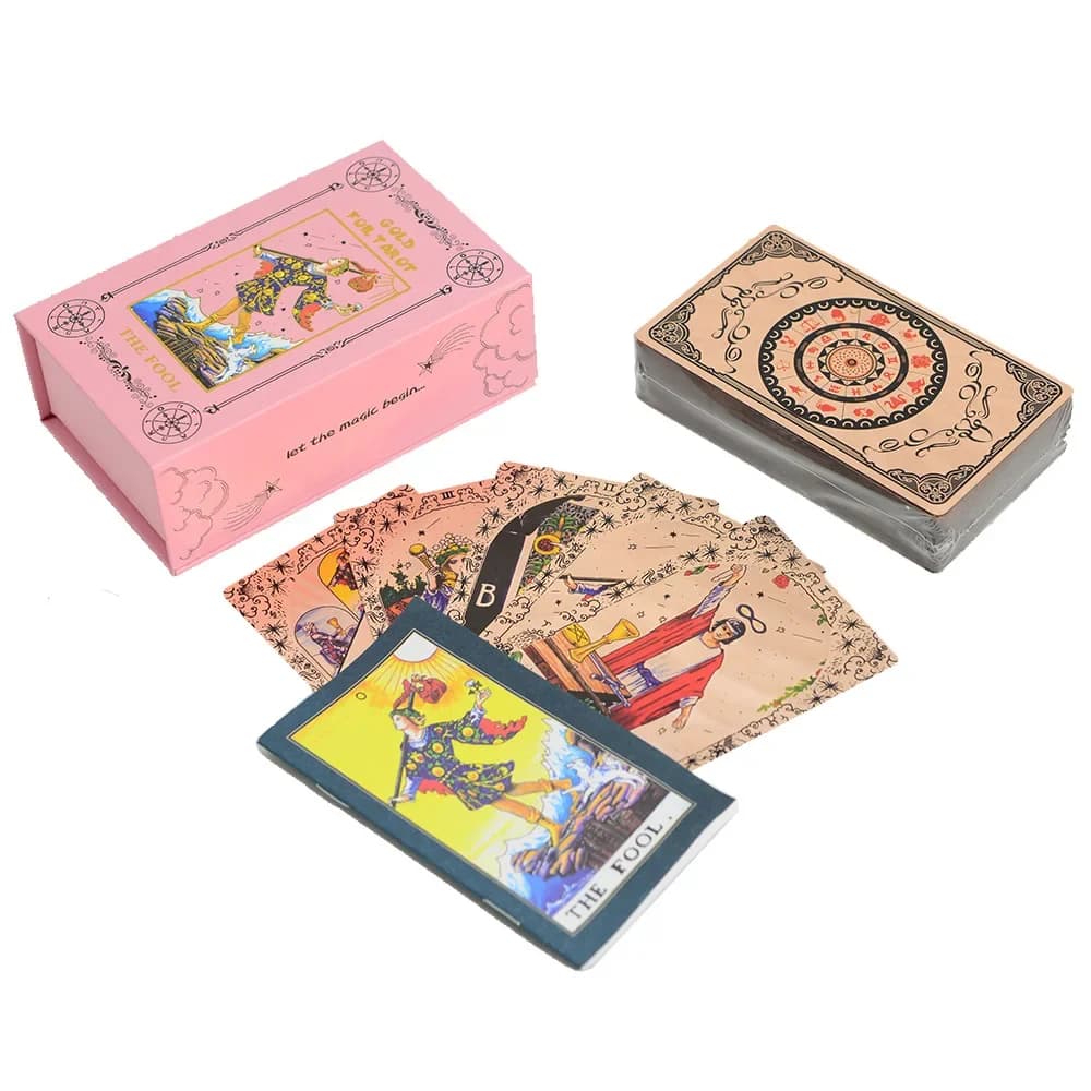 78 pezzi di carte dei tarocchi classiche in oro rosa con guida Libro di divinazione impermeabile Gioco da tavolo Mazzo di carte dei tarocchi 12 * 7 cm