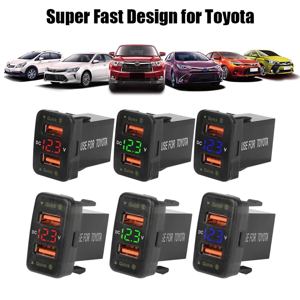 Caricatore presa per auto QC voltmetro 12-24V doppia ricarica rapida USB per adattatore di alimentazione per telefono cellulare per accessori auto Toyota LED