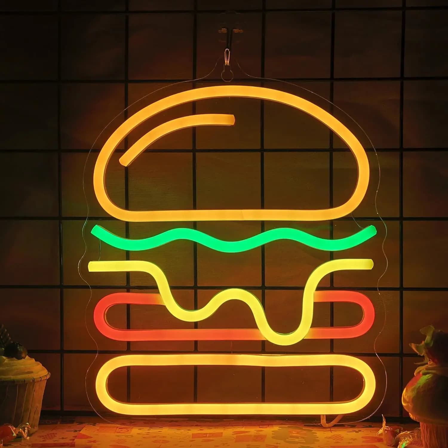 Neon teaching for burger with layered cheese, LED light for fast food, restaurant, bar, wall decoration, lively, kitchen, coffee, decoration, gift idea