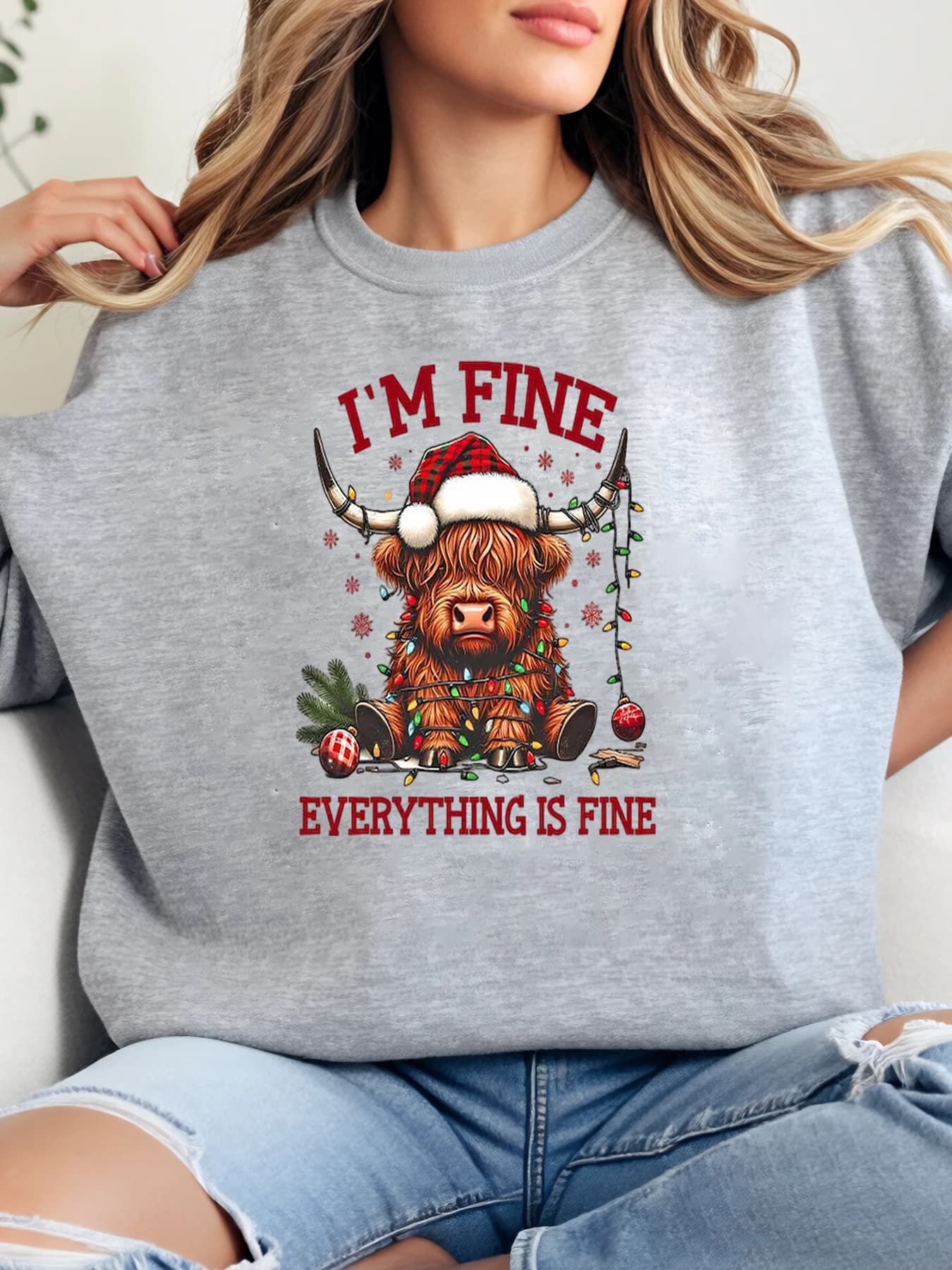 Christmas print cow of the Highland I'M Fine Everything Is Fine Holiday sweatshirt Women casual clothing Party Grey Plus Size