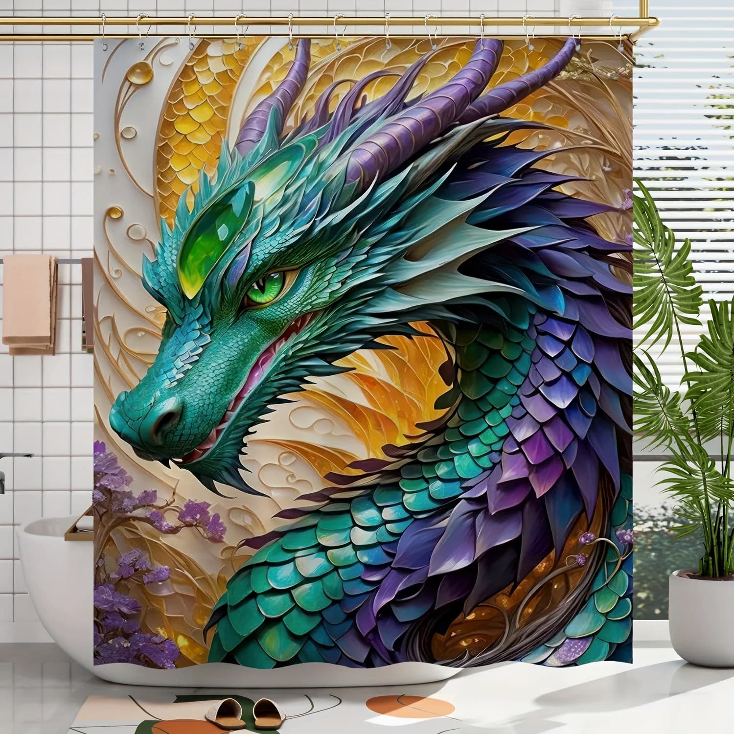 Tenda da doccia con stampa digitale modello drago fantasia primavera/estate 1pc, decorazione per la casa del bagno con ganci gratuiti, lavabile in lavatrice
