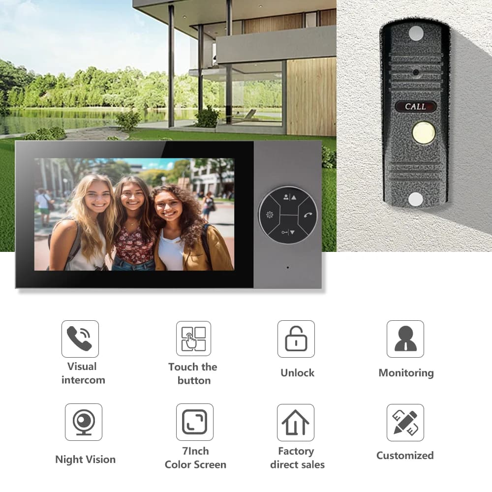 Schermo IPS da 7 pollici Videocitofono cablato Citofono Campanello visivo Visualizzatore per porta di sicurezza domestica