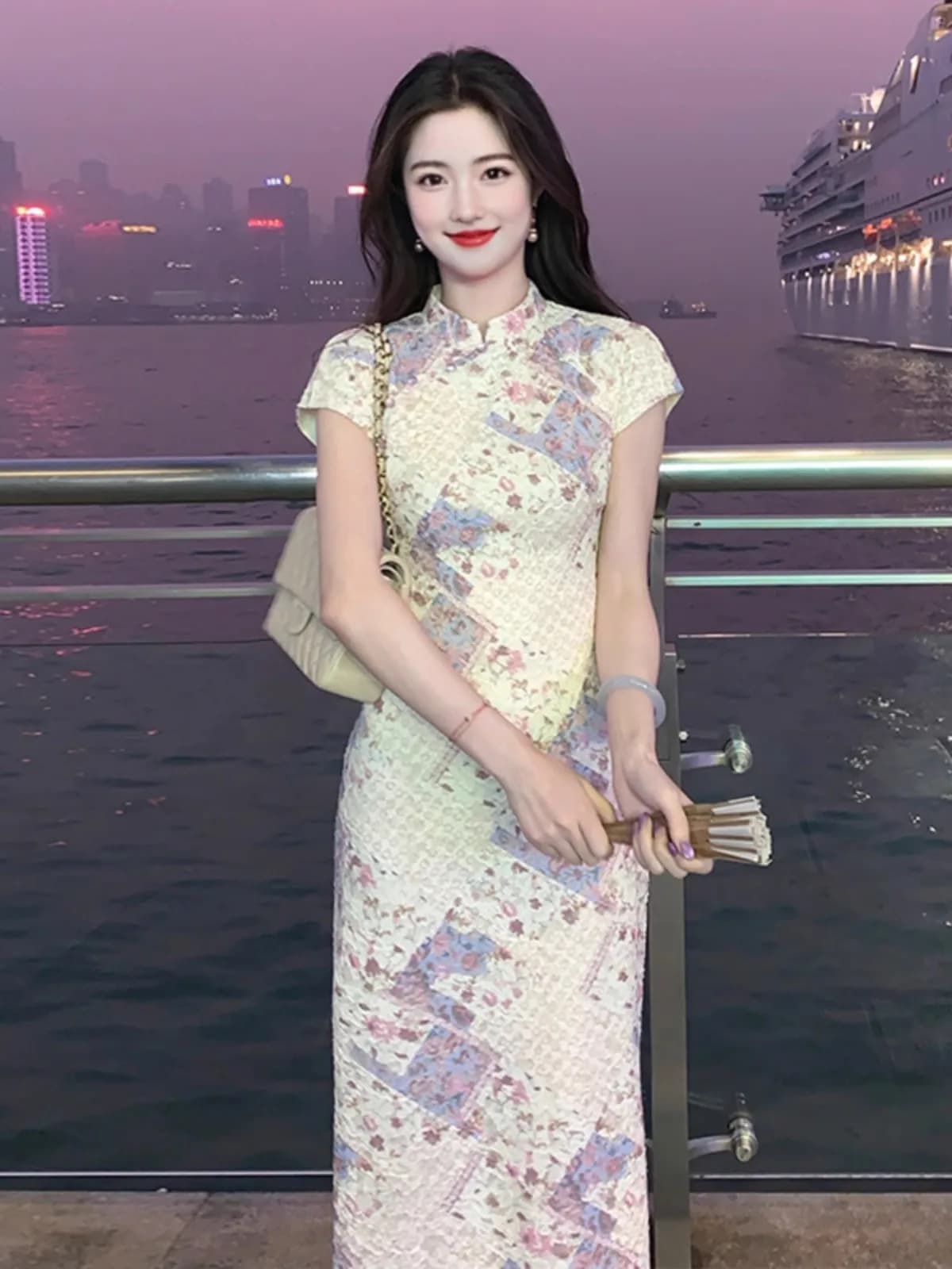 New Chinese Style Floral Patchwork Dress Women's Summer Elegant Long Qipao Short Sleeve Daily Wear Polyester Fiber