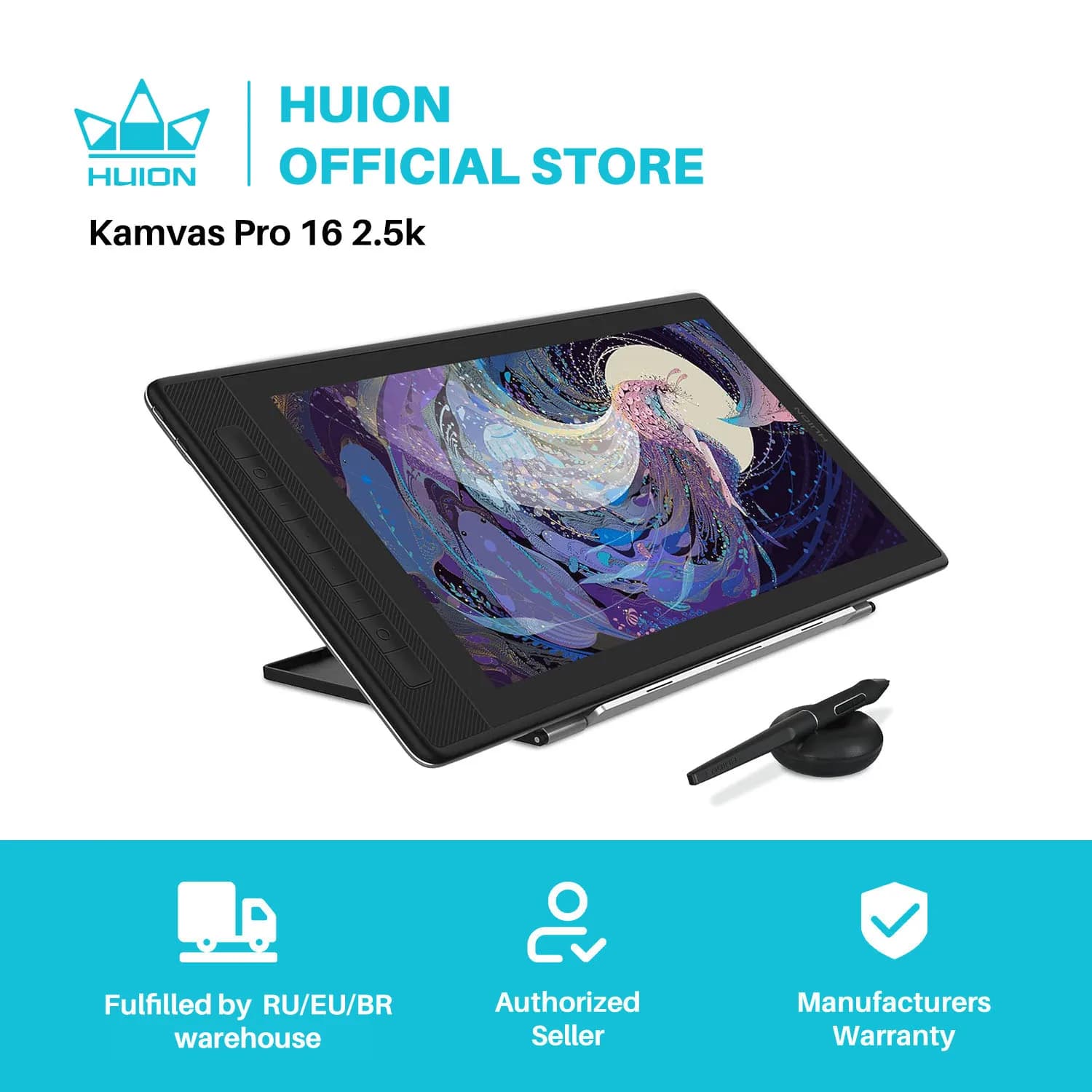 HUION KAMVAS Pro 16 2.5K QHD tavoletta da disegno con schermo QLED tavoletta grafica completamente laminata con penna senza batteria, 15.6 pollici