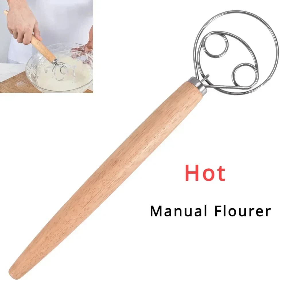 Utensili per Torte, Frusta Danese per Impasto in Acciaio Inox, Mixer Manuale per Impasto di Pane Olandese con Manico in Legno, Strumenti da Cucina per Pasticceria, Frullatore Artigianale