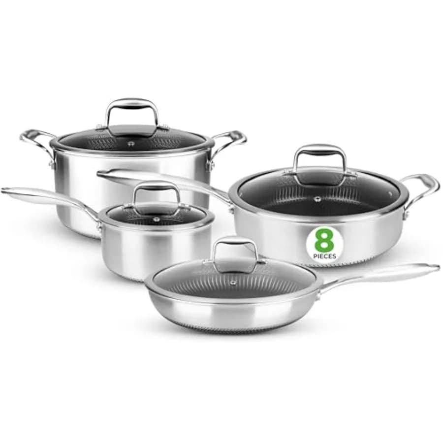 Set di pentole a triplo strato da 8 pezzi in acciaio inossidabile, pentole e padelle con rivestimento antiaderente, pentola per salse, pentola per stufati, pentola per cucinare, padella L