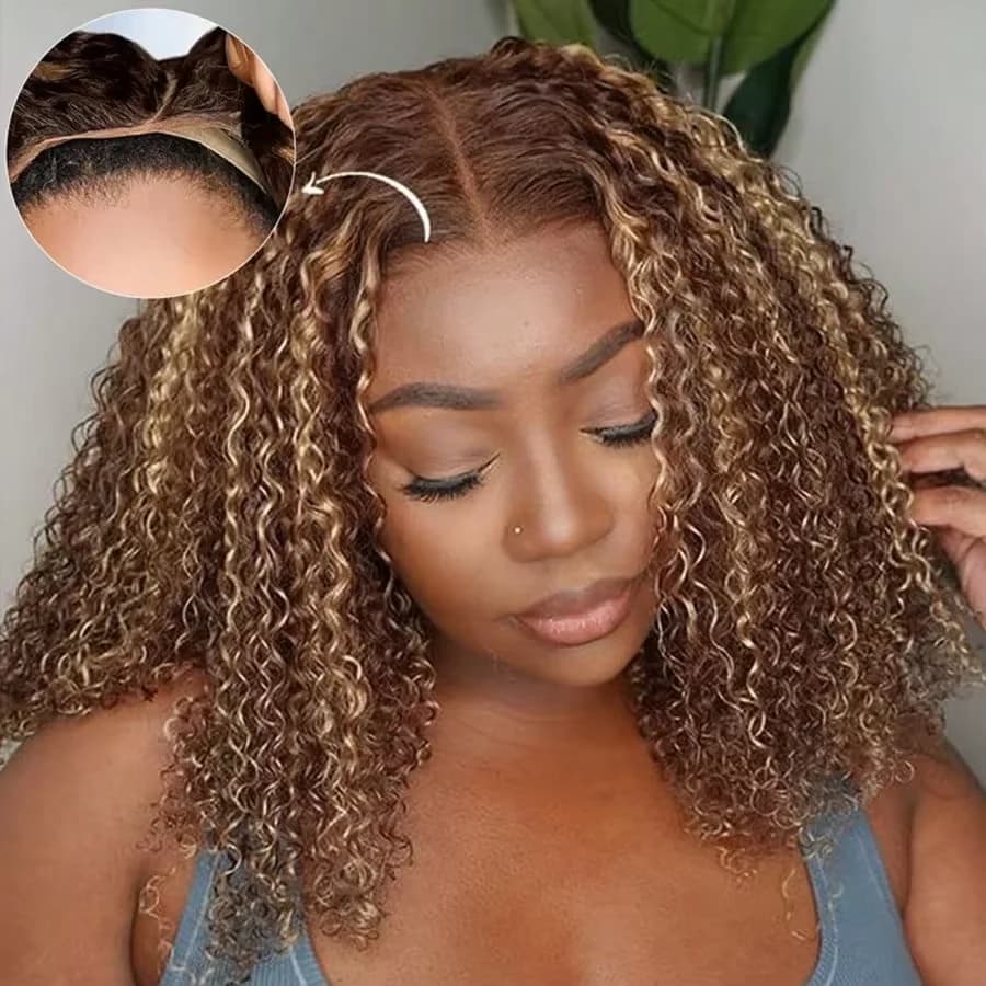 10 14 Inch Curly Short Bob Wig Highlight 4/27 Honey Blonde Human Hair 5x5 Glueless Wig Deep Wave For Women Virgin Human Hair