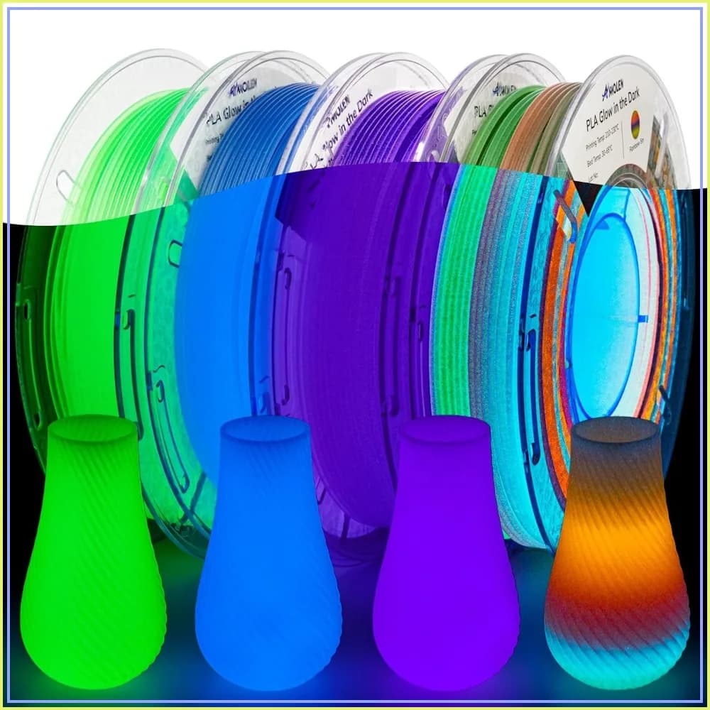 Glow in The Dark 3D Printer Filament Bundle, Rainbow Multicolor 5m, 1.75mm PLA, 4 Pack 200g