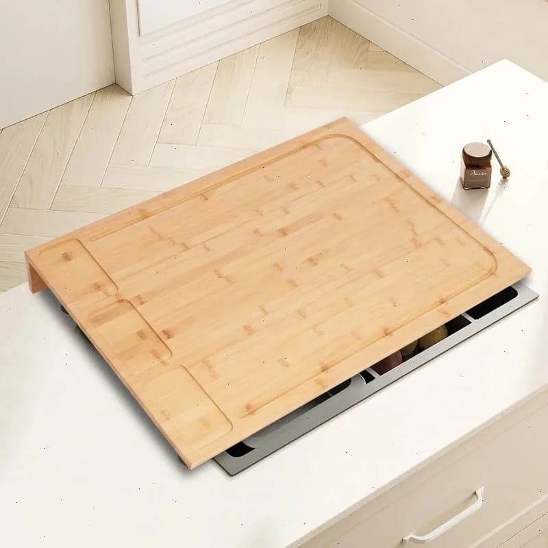 Large Bamboo Stove Top Cover with Adjustable Legs 29.5" × 21" Cutting Board & Countertop Protector for Gas & Electric Stoves