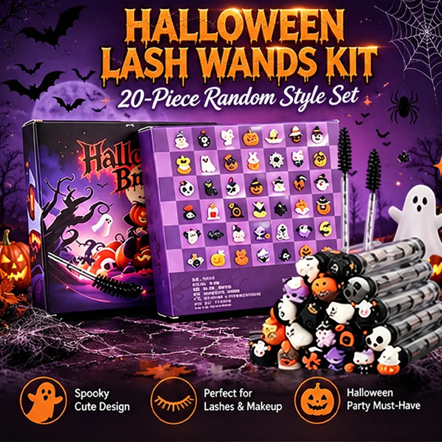 20Pcs Halloween Eyelash Brush Set Spooky Printed Tube Lash Spoolies Dustproof Mascara Wands Extensions Makeup Gift Party Favors