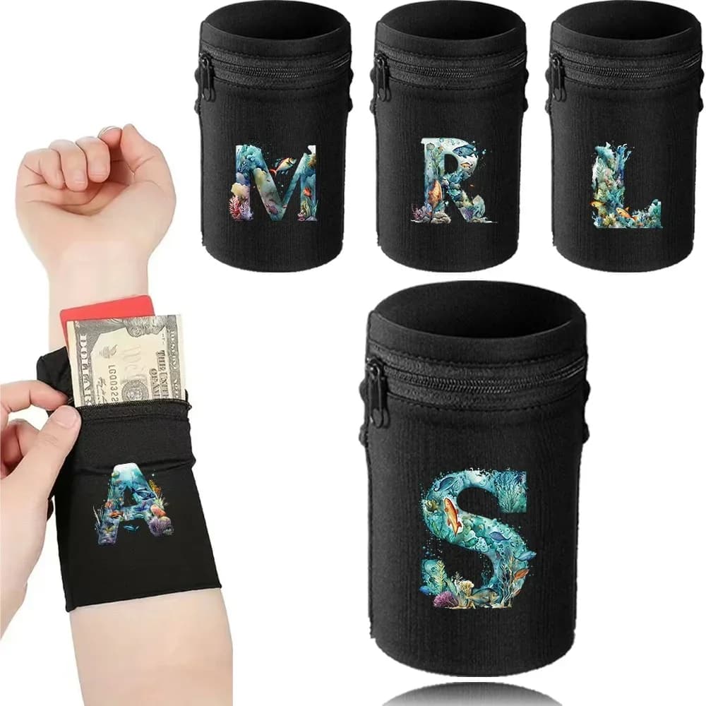 Fascia da Polso Sportiva con Borsa Integrata, Protezione per Corsa e Sicurezza, Serie Nera, Supporto e Fascia Elastica, Stile Lettera Fish