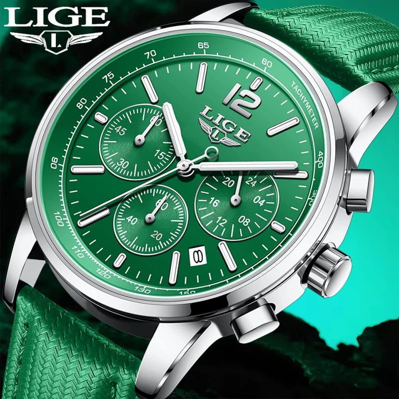 Orologio da uomo LIGE casual in pelle, sportivo militare, impermeabile, al quarzo, alla moda, da lavoro, luminoso, con data e cronografo