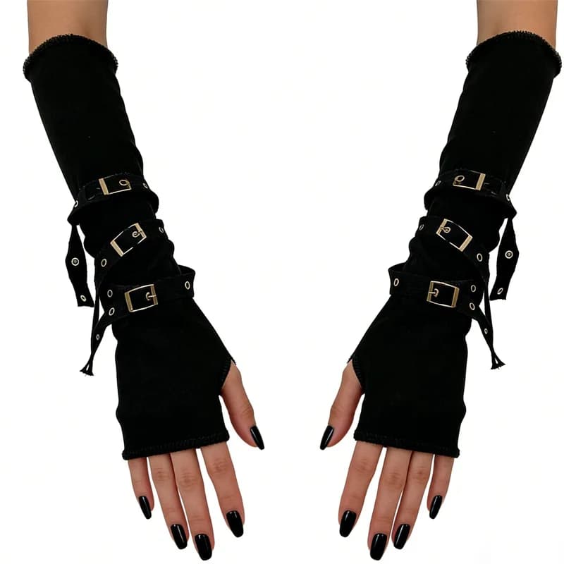 Spring and summer black exposed finger sleeves motorcycle style spicy girls wear elastic sleeves versatile decorative gloves