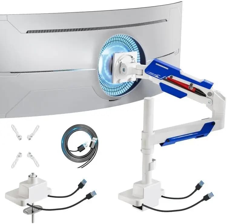 Support for Single Monitor with USB, Adjustable Gas Spring Arm for Ultrawide Screens from 24-57''' to 66 Books, White