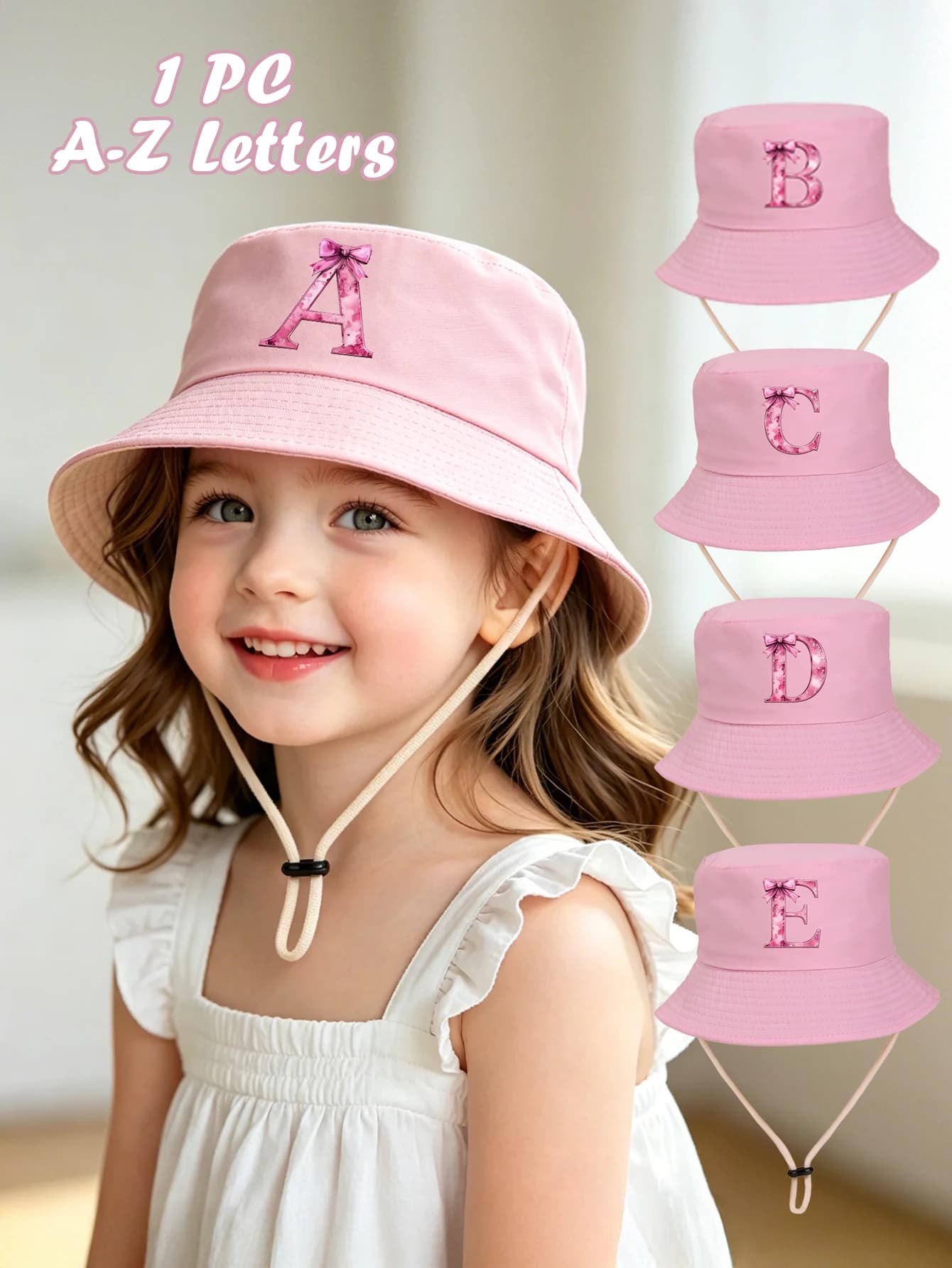 1 cappello a secchiello rosa per bambina da 3 a 8 anni, con lettera A-Z per la primavera e cappello estivo con design a fiocco a farfalla fucsia L
