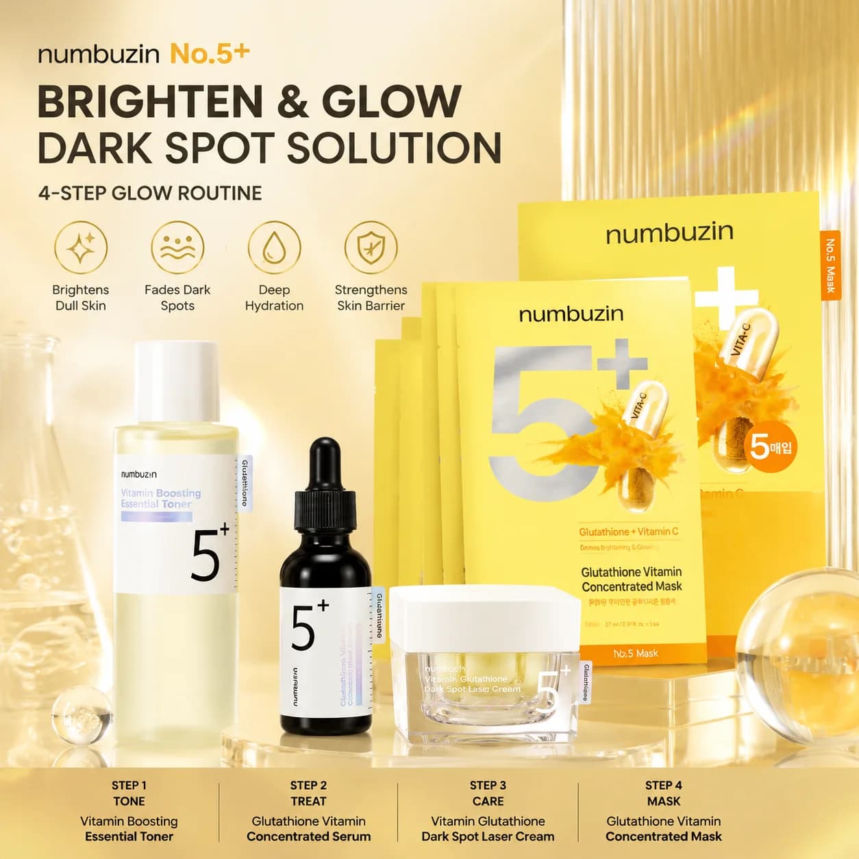 Numbuzin No.5+ Glutathione Vitamin Concentrated 5 Sheets Mask Dark Spot Cream Vitamin Boosting Essential Toner & Serum Skincare