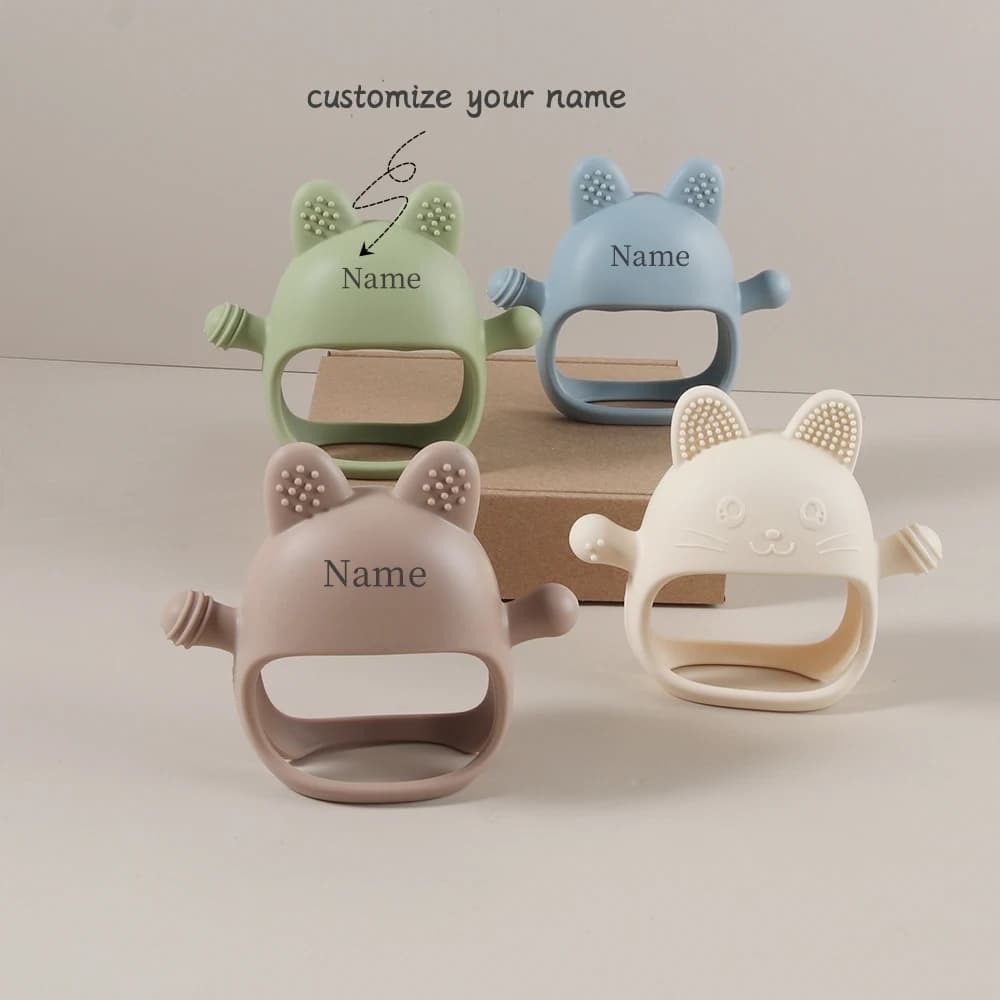 Massaggiagengive personalizzato per bambini, guanto in silicone con nome personalizzato, simpatico coniglietto, protezione per le mani anti-succhiamento a forma di coniglio pasquale