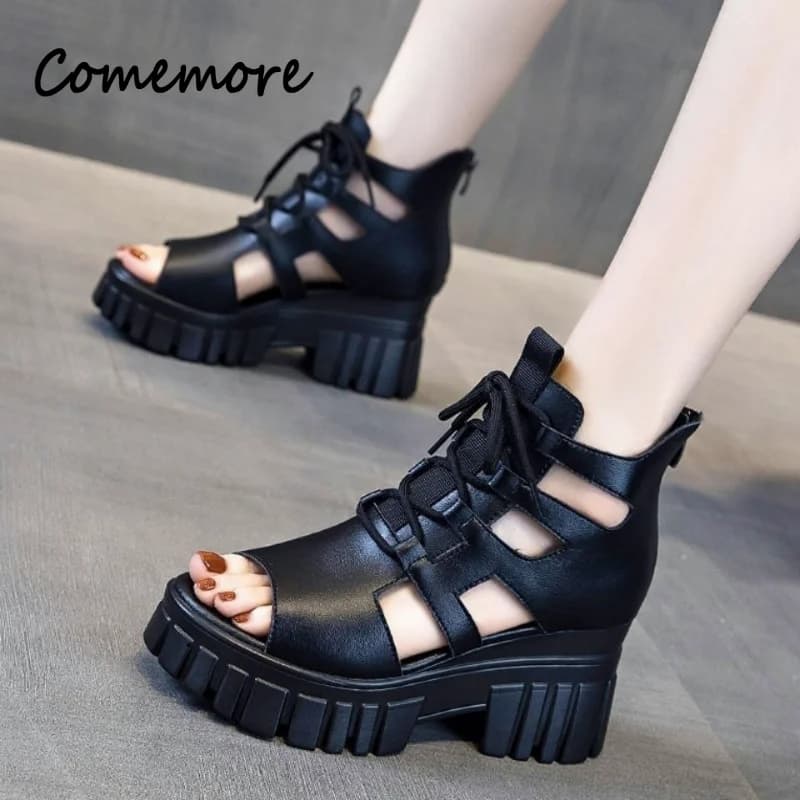 Comemore Women High-heeled Platform Sandal Wedge Platform Shoes Summer Summer Hollowed-out Breathable Roman Sandals Boots