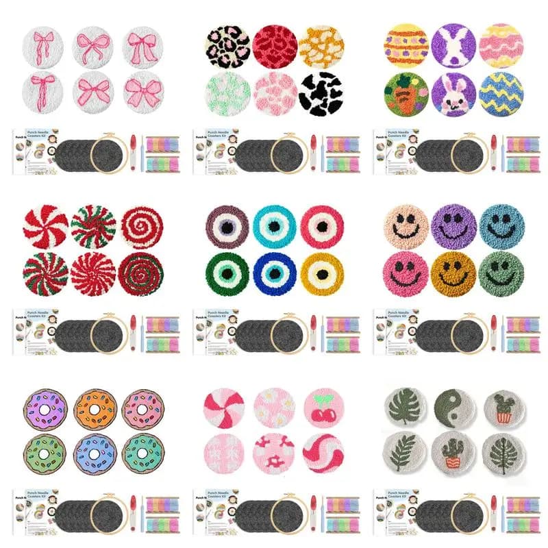 6 Pcs /set Punch Needle Coasters Kit Adults Beginners DIY Landscapes Easy Round Coaster Embroidery Set for Starter Art Craft