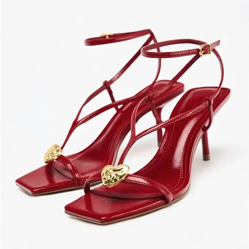 Sandali con tacco con cinturino alla caviglia di design di lusso da donna Sandali con punta quadrata sexy impreziositi da metallizzati Scarpe eleganti da festa di moda firmate