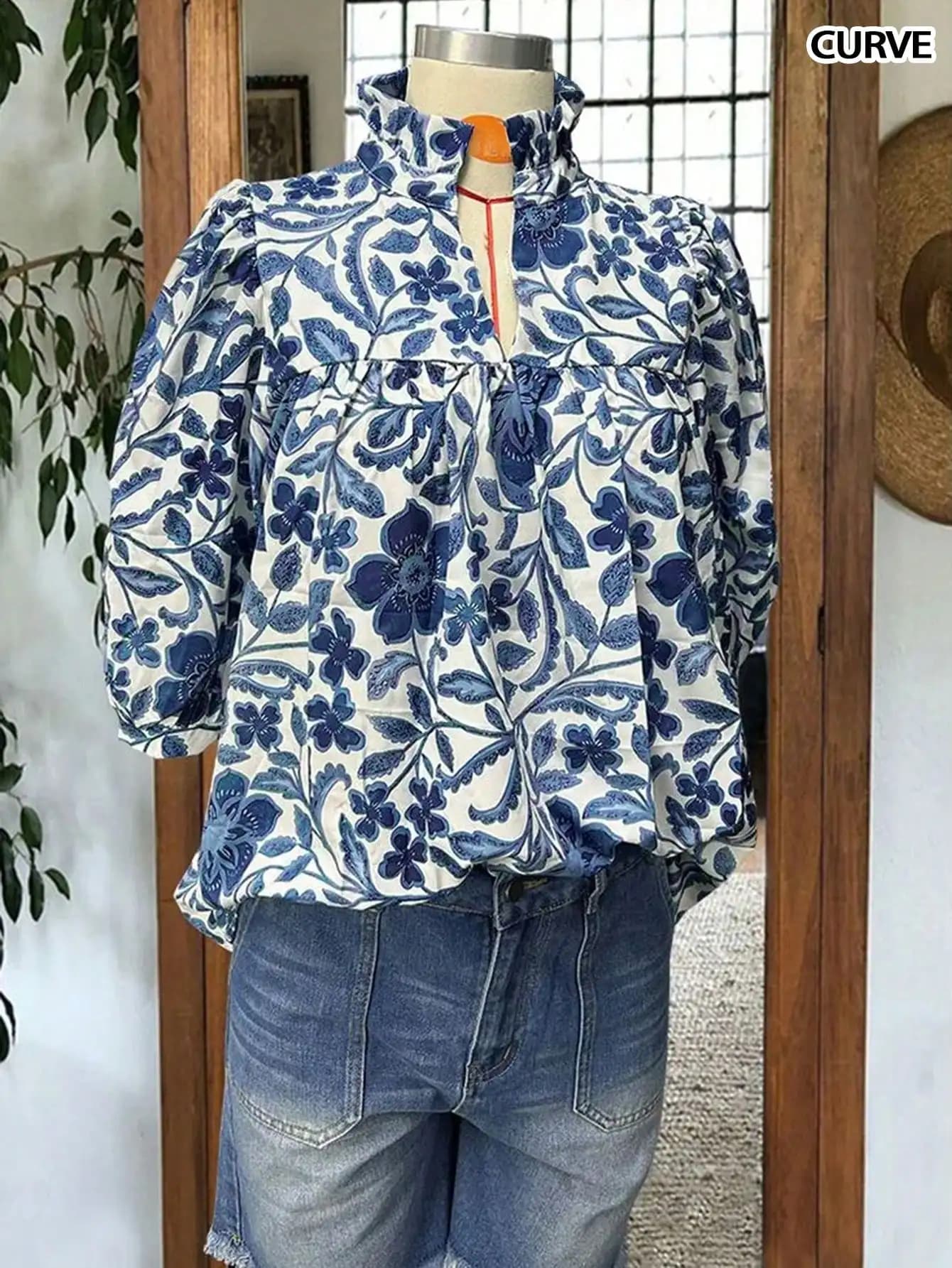 Camicetta Boho con Stampa Floreale, Orlo a Volant, Scollo a V, Maniche a Sbuffo, Top Casual da Donna per Primavera Estate