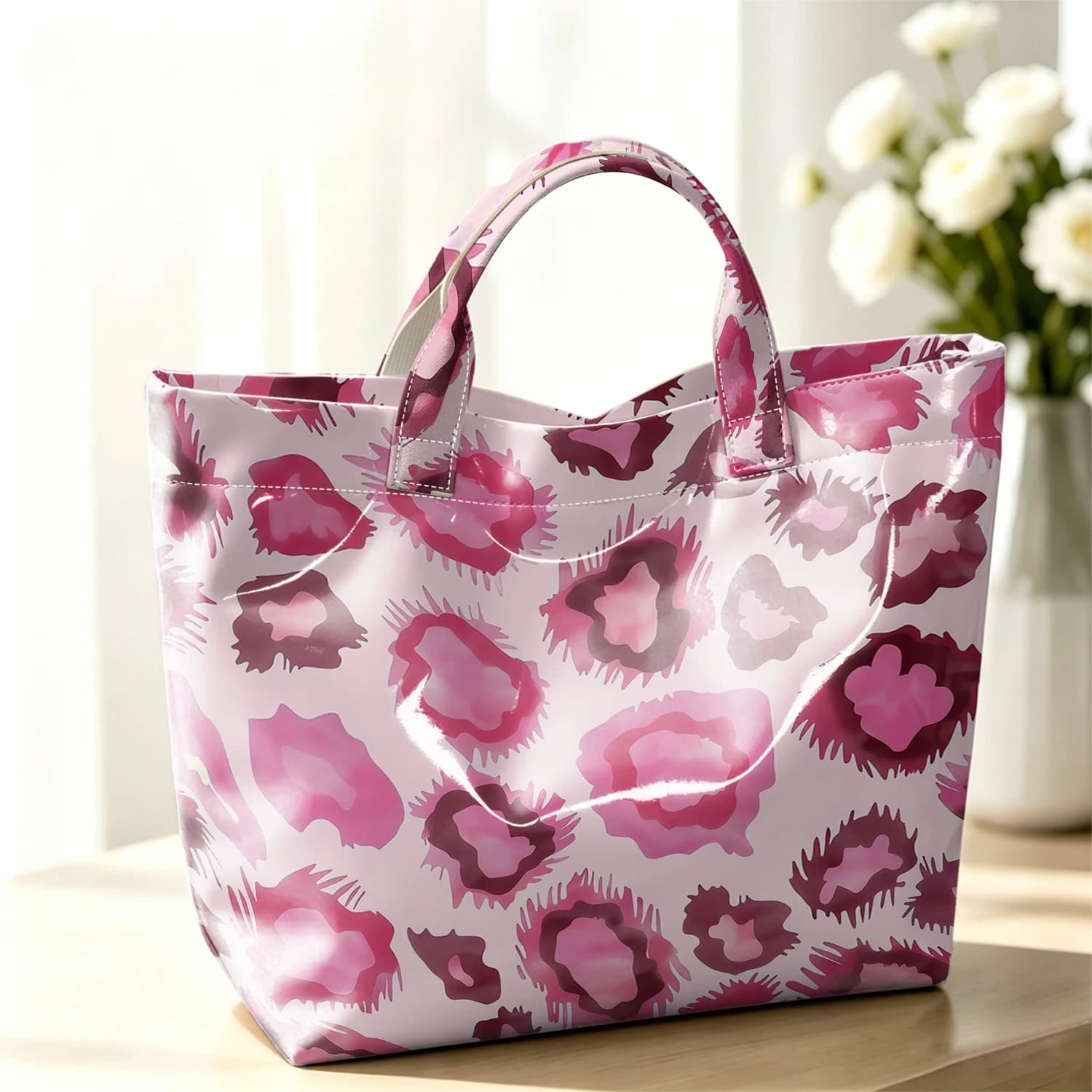 Pink Watercolor Leopard Stylish Large Glossy PVC Tote Bag Washable Waterproof Durable Ideal for Travel Commute Cosmetics Handbag