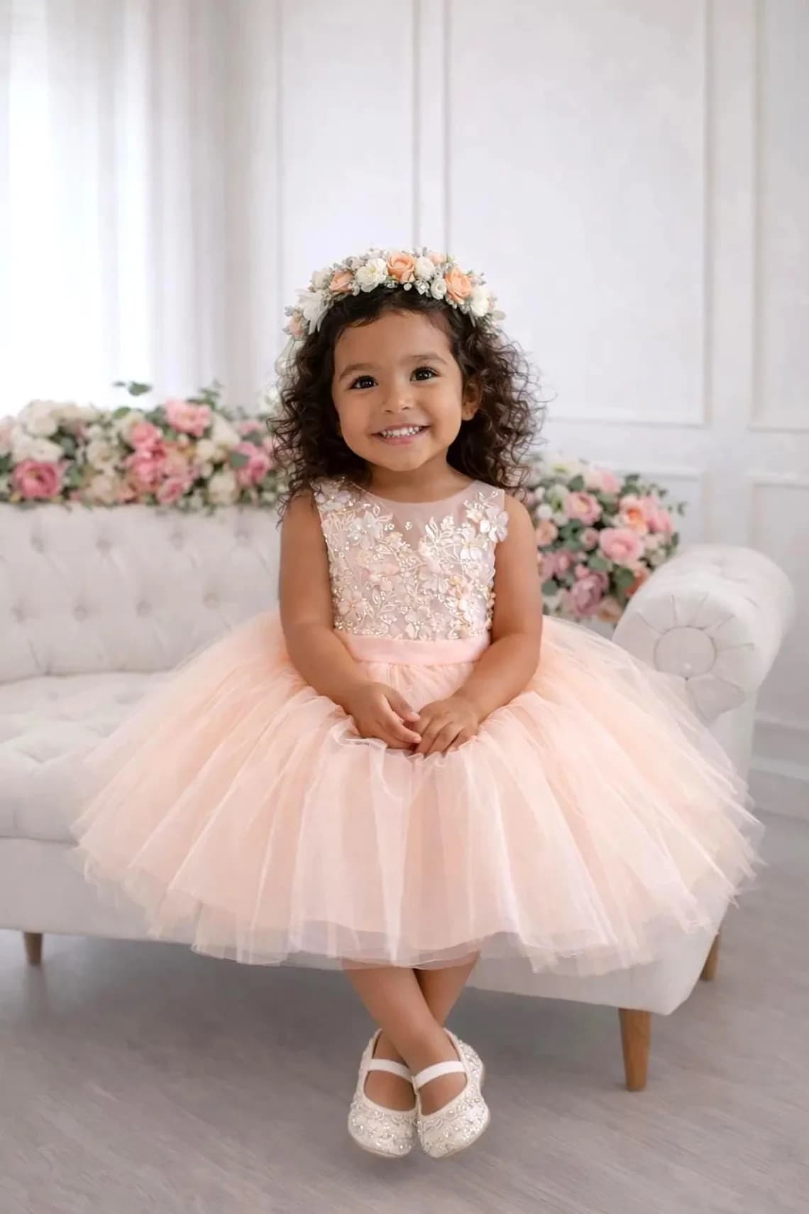 Princess Flower Girl Dress for Wedding Sleeveless with Bow Lace Appliques Kids Birthday Gowns Elegant Evening Dress Custom