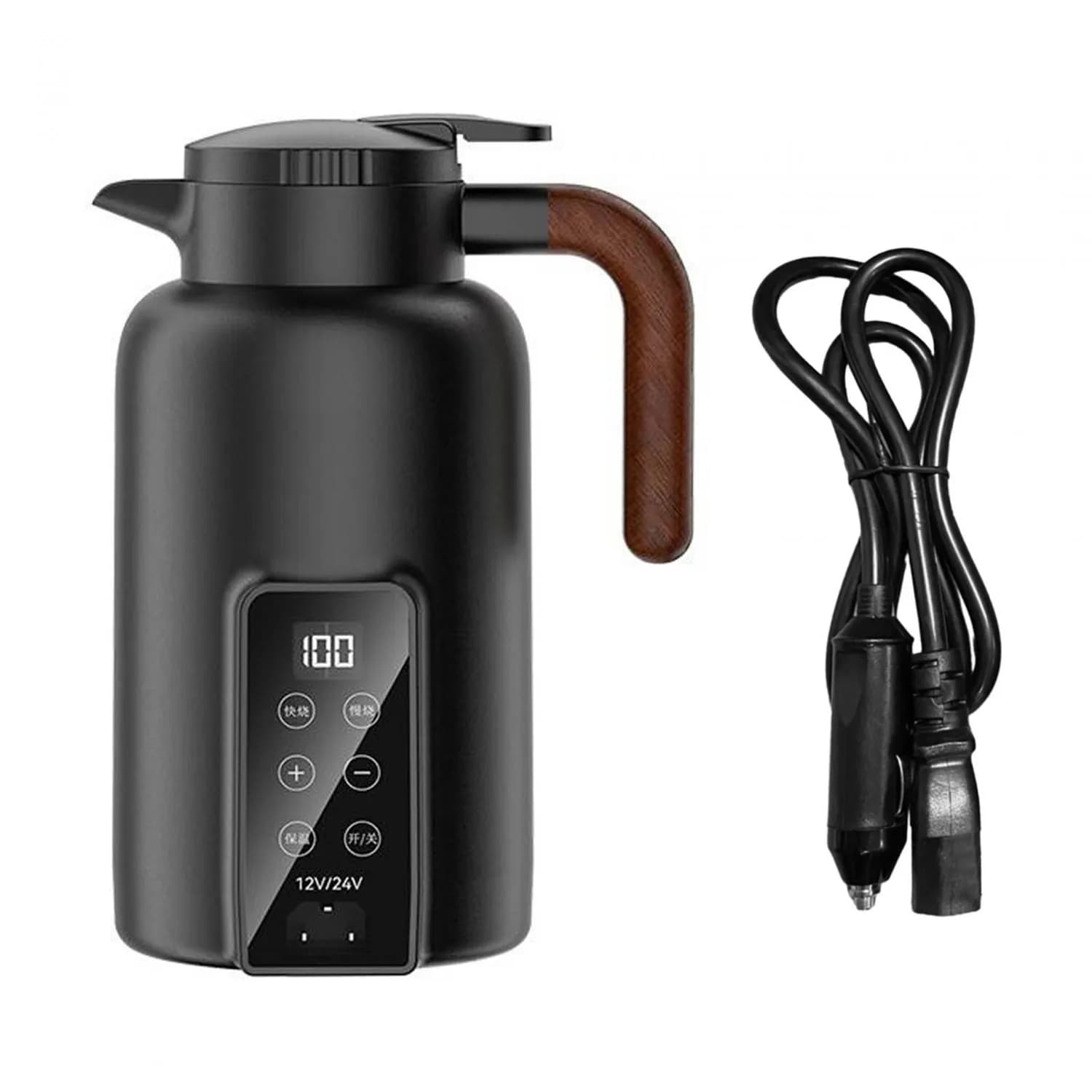 Electric Car Cup Stainless Steel Internal Cover Heating Water Cup Car Bathtub Insulated Cup 12V/24V Car Kettle 1.3L Black