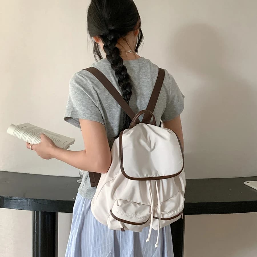 Korean School Flip Backpack Drawstring School Bags For Teenage Girls Cute Women's Bagpack Commuting Book Bag Nylon Rucksack