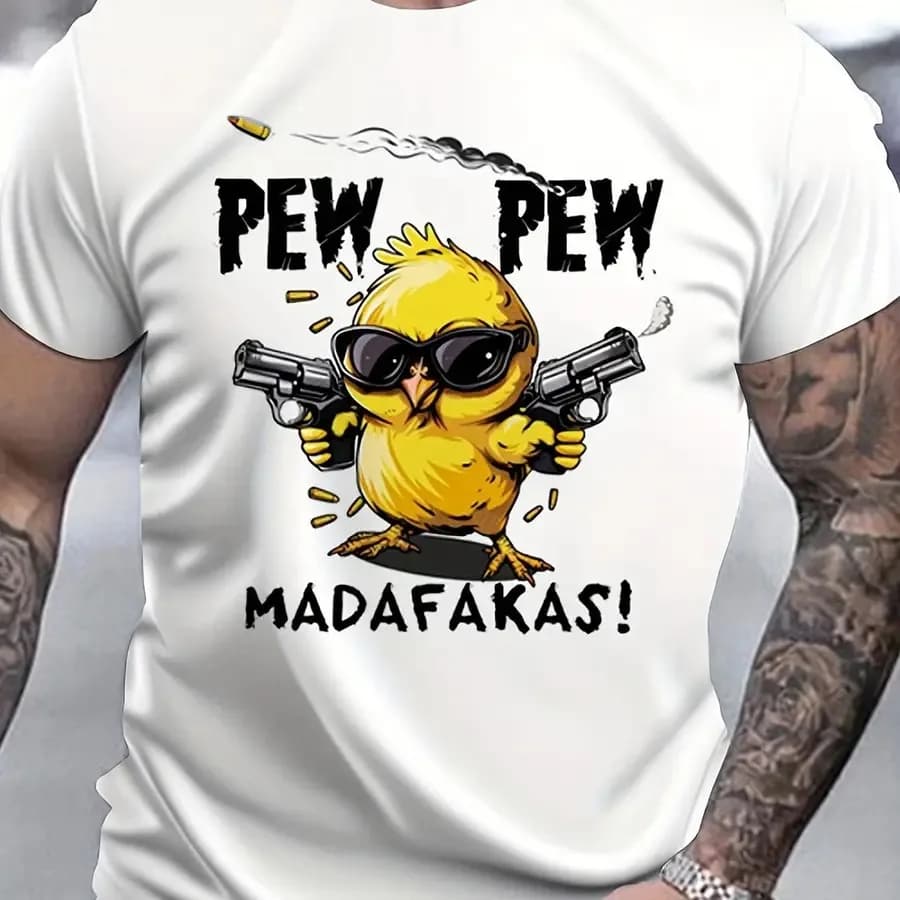 【New Arrival】Men's Funny Pew Pew Chick Cartoon Graphic T-Shirt White Crew Neck Short Sleeve Humor Animal Casual Tee