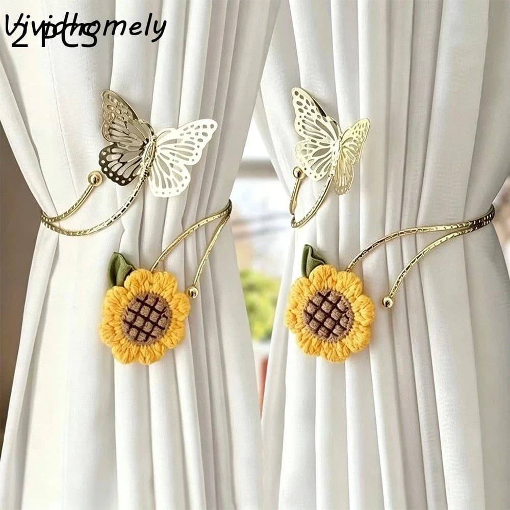 Metal Butterfly Sunflower Curtain Straps Hollow Butterfly Knitted Flower Floral Curtain Tie Back Fabric Sunflower Adjustable