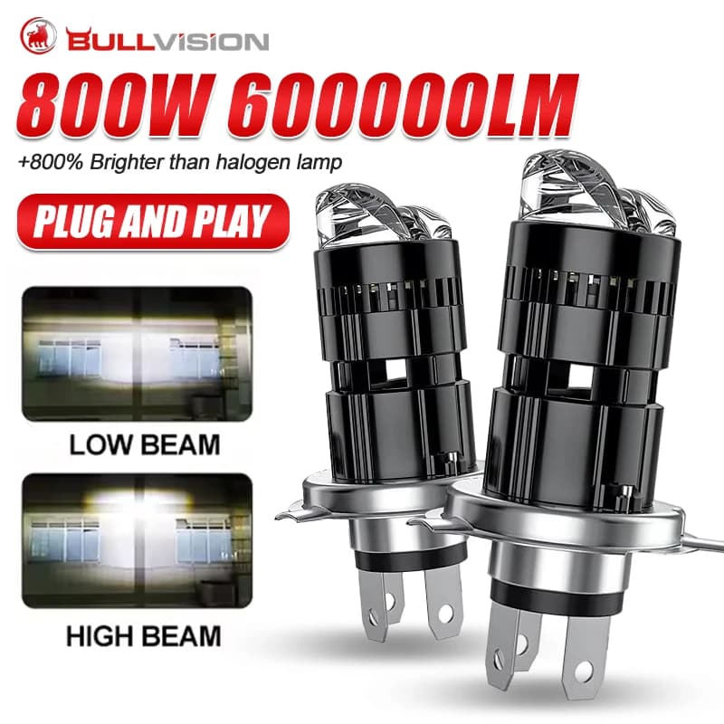 Lampada per Auto H4 Bi LED 800W con Lente Proiettore, Faro Turbo EMC, Canbus Plug and Play, 5570+7035 SMD, Abbaglianti/Anabbaglianti, 12V 24V