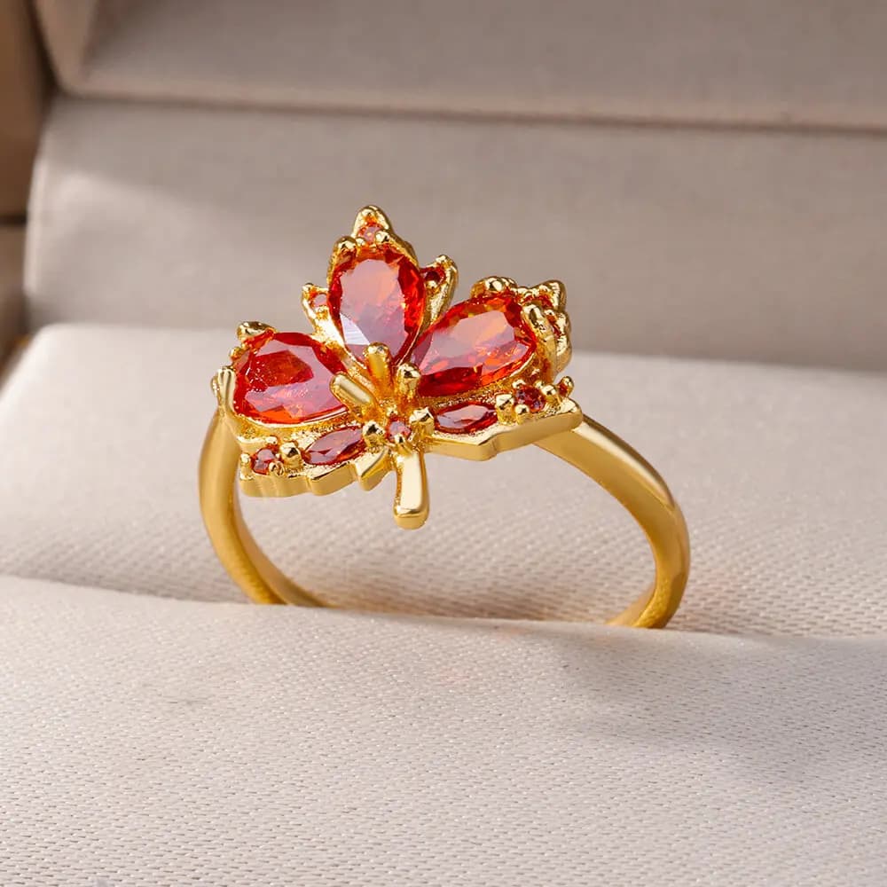Anelli con foglia d'acero zircone rosso per donna Anello in acciaio inossidabile con apertura color oro Anello con fiore di loto Regalo di gioielli per festa di nozze di moda