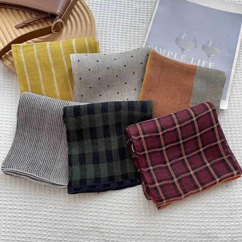 Vintage 100% Linen Square Scarf for Women Multi‑Pattern Plaid Striped Polka‑Dot Bandana Soft Thin Neckerchief Headscarf