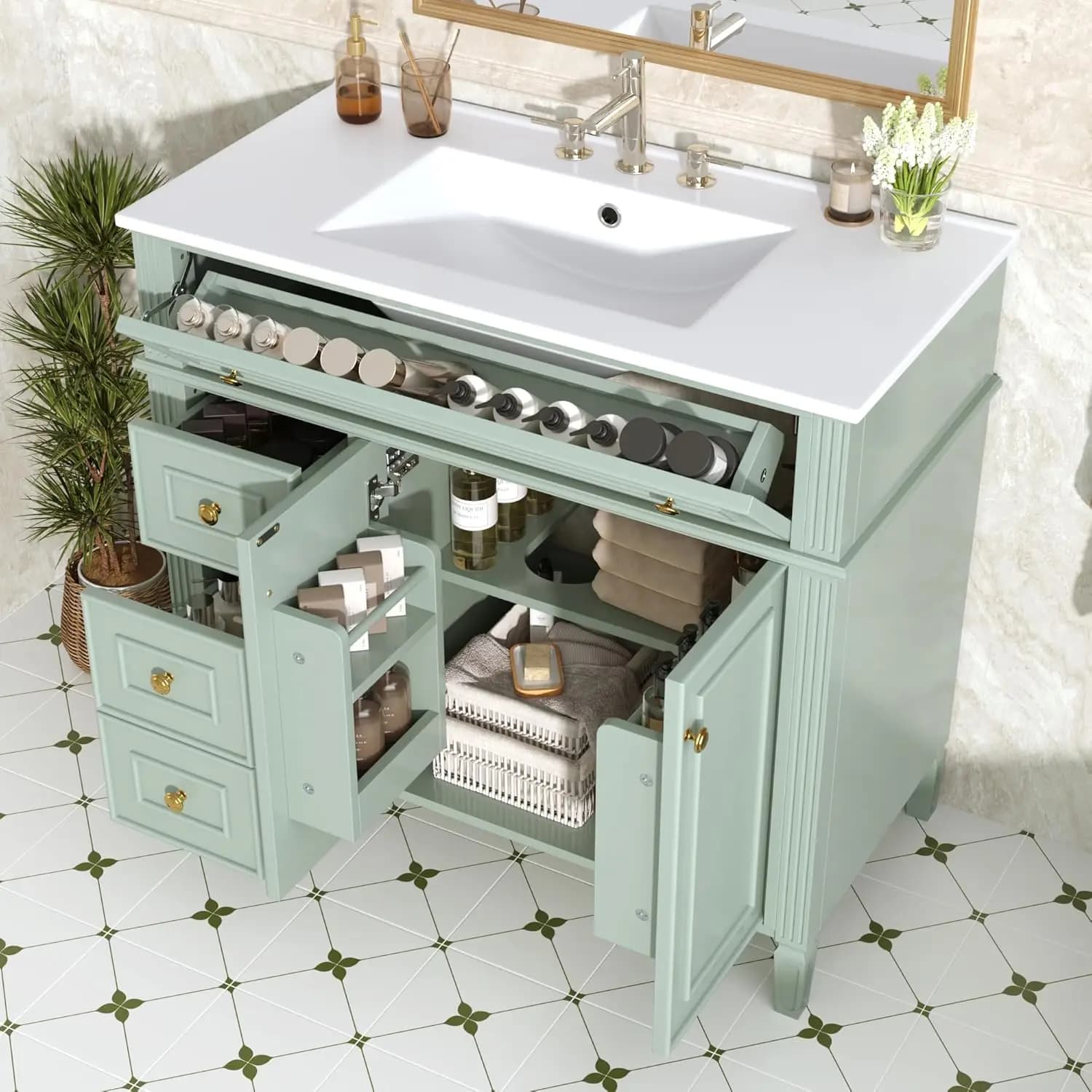 Mobile da Bagno Autoportante da 36 Pollici con Lavabo, Cassetto Ribaltabile, 3 Cassetti e 2 Ante, Mobile in Legno con Lavabo in Ceramica, Personalizzabile